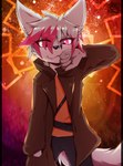2022 5_fingers anthro black_bottomwear black_clothing black_pants bottomwear brown_clothing brown_topwear canid canine clothing fingers fox gradient_background hand_in_pocket hi_res jacket looking_at_viewer luxuria male mammal pants pockets simple_background topwear watermark