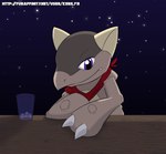 claws container cup female furniture glass glass_container glass_cup looking_down night protruding_teeth purple_eyes sad scarf sky solo star starry_sky table kerilyn nintendo pokemon alex_(kerilyn) generation_1_pokemon kangaskhan pokemon_(species) 2021