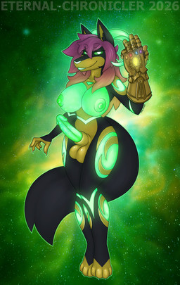 anthro balls curvy_figure genitals glowing glowing_eyes glowing_genitalia glowing_horn glowing_markings glowing_nipples glowing_penis gold_(metal) gradient_hair gynomorph hair horn infinity_gauntlet infinity_stone intersex markings nipples penis solo wide_hips eternal-chronicler mythology yaang canid canine dragon fox hybrid mammal mythological_creature mythological_scalie scalie hi_res