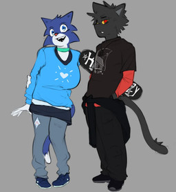 aged_down anthro big_breasts black_body black_fur blue_eyes bottomwear breasts clothing duo female fur jacket male male/female multicolored_body multicolored_fur pants red_eyes skateboard smile topwear two_tone_body two_tone_fur vehicle white_body white_fur yellow_sclera ghozt arthur_(ghozt) lucy_(ghozt) domestic_cat felid feline felis mammal