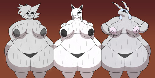 :3 anthro areola bangs belly belly_rolls belly_squish big_belly big_breasts big_navel black_areola black_eyeshadow black_nipples black_sclera blunt_bangs bodily_fluids breasts deep_navel eyelashes eyeshadow fat_arms fat_rolls female front_view gradient_background grey_areola grey_body grey_hair grey_nipples grin group hair hair_over_eye hand_on_hip huge_belly huge_hips looking_at_viewer makeup musk narrowed_eyes navel navel_musk nipples noseless nude obese obese_anthro obese_female overweight overweight_anthro overweight_female pink_eyes simple_background smile squish standing sweat teeth trio white_body white_eyes white_hair wide_hips mechaclank nintendo pokemon gendy_(mechaclank) ivy_(saiyanjedi) milki_max arthropod domestic_cat felid feline felis generation_1_pokemon generation_5_pokemon gengar ghost insect mammal pokemon_(species) scolipede spirit 2024 absurd_res digital_media_(artwork) hi_res