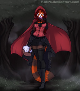 anthro breasts clothing corset corset_dress costume dark detailed_background fantasy female forest fur hood lingerie plant pose solo text topwear tree z-afiro fairy_tales little_red_riding_hood_(copyright) little_red_riding_hood ailurid canid canine canis mammal red_panda wolf 2013 digital_media_(artwork) full-length_portrait hi_res portrait url