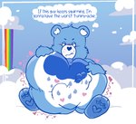 3_toes abdominal_bulge anthro anthro_pred belly belly_markings big_belly blue_body blue_fur blush border cloud dialogue duo eyebrows feet fully_inside fur hand_on_own_belly heart_nose heart_pawpads heart_symbol hindpaw huge_belly male male_pred markings multicolored_body multicolored_fur pawpads paws rainbow same_size_vore teeth thought_bubble toes two_tone_body two_tone_fur unseen_prey vore white_body white_fur pawplants american_greetings care_bears grumpy_bear bear mammal ursine 2025 digital_media_(artwork)