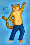 bottomwear clothing dancing feral fur green_eyes male open_mouth orange_body orange_fur pants semi-anthro simple_background solo striped_body striped_fur stripes insaneproxy_(artist) domestic_cat felid feline felis mammal hi_res