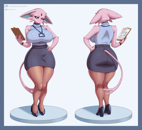 5_fingers anthro anthrofied big_breasts biped black_choker black_jewelry black_necklace blue_border blue_clothing blue_shirt blue_topwear border bottomwear breasts choker clipboard clock clothed clothing curvy_figure ear_piercing ear_ring eye_bags eyebrows female female_anthro fingers footwear forehead_gem forked_tail front_view fur furgonomic_bottomwear furgonomic_piercing furgonomics gem hand_on_hip head_tuft high_heels holding_clipboard holding_object huge_breasts jewelry lanyard legwear looking_at_viewer necklace neutral_expression office_lady pantyhose patreon_logo pencil_skirt piercing pink_body pink_fur pokemorph purple_sclera rear_view ring_piercing shirt shoes simple_background skirt solo standing tail tail_piercing text thick_thighs topwear tuft twitter_logo unusual_anatomy unusual_tail voluptuous voluptuous_anthro voluptuous_female watch white_background wide_hips wristwatch gammainks nintendo patreon pokemon twitter vanessa_(gammainks) eeveelution espeon generation_2_pokemon pokemon_(species) 2026 absurd_res artist_name digital_media_(artwork) english_description hi_res