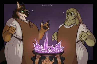anthro black_nose brown_body brown_fur cauldron clothed clothing duo eyewear female female_anthro floppy_ears fur glasses glistening glistening_eyes green_eyes open_mouth overweight overweight_anthro overweight_female potion rectangular_glasses round_glasses simple_background standing tan_body tan_eyes tan_fur topwear white_body white_clothing white_fur white_topwear jezzlen canid canine lagomorph leporid mammal rabbit hi_res