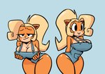 activision anthro bedroom_eyes big_breasts blonde_hair breasts cleavage clothed clothing coco_bandicoot crash_bandicoot_(series) female hair hi_res narrowed_eyes overalls overalls_only seductive solo thick_thighs wide_hips yopy