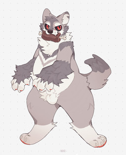 4_toes animal_genitalia anthro arm_tuft balls belly big_belly biped bone cheek_tuft chest_tuft claws countershading dipstick_tail dotted_background elbow_tuft facial_scar facial_tuft feet food food_in_mouth fully_sheathed fur genitals grey_body grey_ears grey_fur grey_hair grey_tail hair leg_markings male markings meat overweight overweight_anthro overweight_male pattern_background pawpads red_eyes red_pawpads red_sclera scar sheath short_hair shoulder_tuft simple_background slightly_chubby slightly_chubby_anthro slightly_chubby_male socks_(marking) solo standing tail tail_markings toes tuft white_balls white_belly white_body white_claws white_fingers white_fur white_inner_ear white_sheath asnnonaka vuk_(asnnonaka) canid canine mammal digital_media_(artwork) hi_res