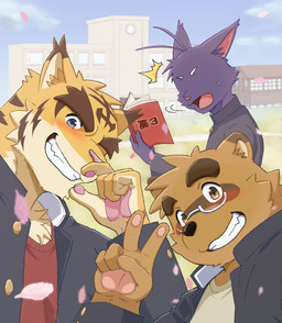 5_fingers amber_eyes anthro black_nose blue_eyes blush book brown_stripes clothing countershade_face countershade_hands countershade_torso countershading dipstick_ears ear_markings eyeless eyewear facial_markings fingers fur gesture glasses group hand_gesture head_markings male markings mask_(marking) monotone_body monotone_fur multicolored_body multicolored_ears multicolored_fur open_mouth open_smile outside pawpads pince-nez pink_nose pink_pawpads purple_body purple_fur red_clothing red_shirt red_topwear school_uniform shirt smile striped_body striped_fur stripes tan_body tan_fur topwear trio uniform v_sign yellow_body yellow_fur voitman2024 morenatsu kounosuke_kuri shin_kuroi torahiko_ooshima canid canine domestic_cat felid feline felis mammal pantherine raccoon_dog tanuki tiger 2026 absurd_res hi_res