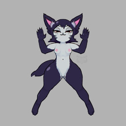 anthro big_butt big_head black_body black_fur bob_cut bottom_heavy breasts butt claws ear_tuft exposed_breasts female fur red_eyes round_head short shortstack simple_background small_breasts solo tail thick_thighs tuft whiskers white_body white_fur yellowracc doink_(yellowracc) domestic_cat felid feline felis mammal 1:1 hi_res