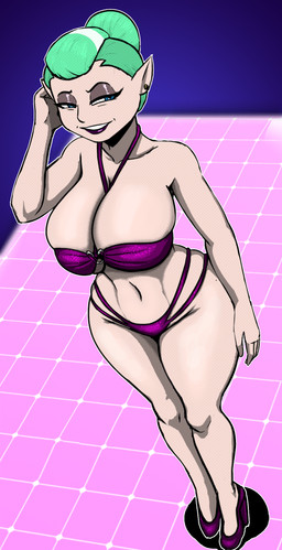 bare_shoulders bent_arm big_breasts big_eyes bikini black_eyebrows blue_eyes breasts clothed clothed_female clothed_humanoid clothing collarbone curved_eyebrows detailed_background dutch_angle ear_piercing ear_stud eyebrows eyelashes eyes_mostly_closed eyeshadow female fingers floor footwear glistening glistening_bikini glistening_body glistening_breasts glistening_clothing glistening_eyelids glistening_footwear glistening_high_heels glistening_legs glistening_lips glistening_shoes glistening_skin glistening_swimwear glistening_thighs green_hair grey_eyeshadow hair hair_bun heart_ring heart_ring_bikini_top heart_ring_swimsuit heart_symbol high-angle_view high_heels highlights_(coloring) huge_breasts humanoid_pointy_ears iris legs_together light_body light_hair light_skin lips lipstick long_eyelashes looking_aside makeup mature_female mature_humanoid narrowed_eyes navel not_furry outline piercing pink_floor pointy_ears pupils purple_bikini purple_clothing purple_footwear purple_high_heels purple_lips purple_lipstick purple_shoes purple_swimwear shoes short_hair skimpy skimpy_bikini skimpy_swimwear smile solo standing straight_legs swimwear thick_bottom_lip thick_eyelashes tile tile_floor two-piece_swimsuit white_highlights white_outline white_sclera wide_hipped_female wide_hipped_humanoid wide_hips imierbenety third-party_edit disney the_owl_house odalia_blight humanoid witch_(the_owl_house) 2025 color_edit colored digital_drawing_(artwork) digital_media_(artwork) hi_res