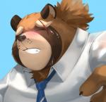 blush bodily_fluids clenched_teeth clothing hair male necktie ponytail scar solo suit sweat teeth jmeo1230 lifewonders tokyo_afterschool_summoners gyobu_(tas) canid canine mammal raccoon_dog tanuki 2019