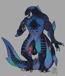 4_fingers abs anthro balls big_balls big_penis blue_body claws digitigrade fingers genitals glans male muscular muscular_anthro muscular_male penis simple_background solo standing tail tail_genitals tail_penis unusual_anatomy unusual_genitalia_placement unusual_penis_placement unusual_tail cryptid_jhin dunkleosteus fish marine placoderm prehistoric_species alternate_version_at_source hi_res