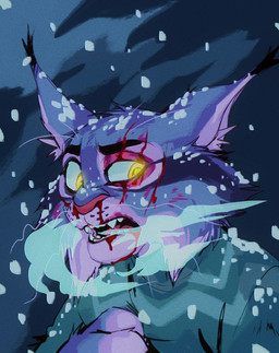 anthro blood blood_on_face bodily_fluids bruised bruised_eye fur grey_body grey_fur male nosebleed pointy_ears scratched_face snow snowing solo whiskers yellow_eyes tuherrus disney zootopia pawbert_lynxley canada_lynx felid feline lynx mammal