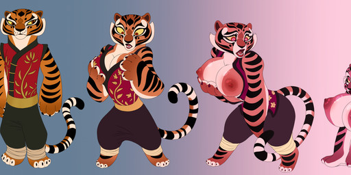 all_fours anthro asian_clothing barefoot big_breasts bimbofication bottomwear breast_growth breasts brown_body clothing clothing_loss east_asian_clothing feet female four_frame_sequence green_eyes growth hand_on_breast looking_aside looking_down mind_control nipples nude open_mouth pants pink_body pink_eyes simple_background solo surprised tail atcpony dreamworks kung_fu_panda master_tigress felid mammal pantherine tiger 2025 digital_media_(artwork) hi_res sequence story story_in_description