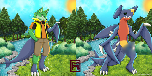 anthro male pokemorph solo transformation furminko27 nintendo pokemon canid canine fox garchomp generation_4_pokemon mammal pokemon_(species) 2:1 absurd_res hi_res