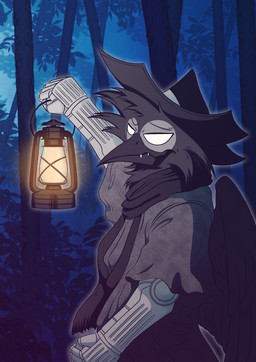 5_fingers anthro beak black_body black_fur black_scarf black_wings clothed clothing empty_eyes fingers forest fur hat headgear headwear holding_lantern holding_object lamp lantern light looking_at_viewer male plant scarf solo stylized_empty_eyes tree wings blackout_(artist) avian bird corvid corvus_(genus) crow oscine passerine absurd_res hi_res