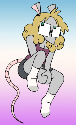 anthro blonde_hair bottomwear clothing eyewear female footwear glasses green_eyes grey_body hair shirt shorts sitting socks solo tank_top topwear young pwnnie ratgore_(pwnnie) mammal murid murine rat rodent absurd_res hi_res