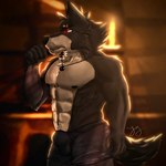 abs anthro balls_outline black_body black_fur blurred_background boxers_(clothing) bulge chest_tuft clothed clothing detailed_background detailed_bulge eye_scar facial_scar fur genital_outline glowing glowing_eyes hair head_tuft jewelry male multicolored_body multicolored_fur muscular muscular_anthro muscular_male navel neck_tuft nipples partially_clothed pendant red_hair scar sheath_outline solo topless topless_anthro topless_male tuft two_tone_body two_tone_fur underwear tinywolf far_beyond_the_world_(series) vulgor_(far_beyond_the_world) canid canine canis mammal wolf 1:1 hi_res