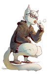 anthro candy clothed clothing dessert eyewear flip_flops food footwear fur hair heterochromia holding_object hoodie lollipop male sandals shoes simple_background solo topwear goatdraw animal_crossing nintendo raymond_(animal_crossing) domestic_cat felid feline felis mammal absurd_res hi_res