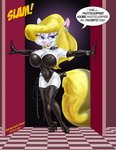 anthro blonde_hair blue_eyes clothing collar dominatrix female fur hair latex latex_clothing slam smug solo speech_bubble text whip white_body white_fur doug_winger animaniacs warner_brothers minerva_mink mammal mink mustelid musteline true_musteline english_text