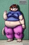 accessory anthro belly big_belly bottomwear bow_ribbon breasts brown_hair cellphone clothing deep_navel electronics female fur hair hair_accessory hair_bow hair_ribbon navel obese obese_anthro obese_female overweight overweight_anthro overweight_female pants phone ribbons shirt solo teal_eyes text topwear weight_gain weight_gain_drive viroveteruscy if_hell_had_a_taste marci_hetson domestic_cat felid feline felis mammal 2022 absurd_res english_text hi_res