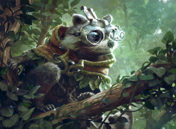 ambiguous_gender anthro barefoot claws crouching eyewear feet fur goggles goggles_on_face grey_body grey_fur in_tree leaf looking_aside melee_weapon outside plant solo sword tree weapon whiskers jakob_eirich hasbro magic:_the_gathering wizards_of_the_coast mammal procyonid raccoon 2024 digital_media_(artwork) official_art