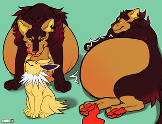 ambiguous_feral ambiguous_gender belly big_belly brown_body brown_fur digitigrade duo ear_piercing ear_ring fangs feral fur huge_belly neck_tuft open_mouth orange_body orange_fur pawpads piercing quadruped red_nose red_sclera red_tongue ring_piercing side_view simple_background striped_legs tail teeth text tongue tongue_out tuft vore white_body white_fur yellow_body yellow_fur roobin nintendo pokemon eeveelution generation_1_pokemon generation_4_pokemon jolteon luxray mammal pokemon_(species) artist_name hi_res