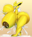 anthro areola big_breasts big_butt blush bodily_fluids breasts butt cum female fur genital_fluids genitals hair huge_breasts huge_butt hyper hyper_breasts lactating looking_at_viewer milk nipples nude open_mouth pussy simple_background smile solo tongue vaginal yellow_body yellow_fur thiccbuns nintendo pokemon canid canine canis eeveelution generation_1_pokemon jolteon mammal pokemon_(species) digital_media_(artwork) hi_res