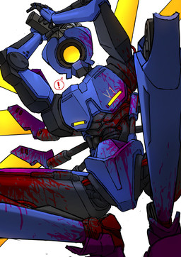 ambiguous_gender blood blue_body bodily_fluids covered_in_blood crouching gun handgun looking_at_viewer machine not_furry pistol ranged_weapon simple_background solo thought_bubble weapon 8q_lab new_blood_interactive ultrakill v1_(ultrakill) humanoid robot robot_humanoid absurd_res hi_res