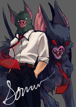 black_body black_fur clothed clothing for_a_head fur male necktie red_eyes red_necktie solo standing white_eyes shrimppastasauc dispatch sonar_(dispatch) animal_head animal_humanoid bat humanoid mammal 2025 colored hi_res