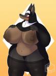 anthro big_breasts blush breasts female fur huge_breasts mature_anthro mature_female nipples nun solo crescent-blue-zero laverne_(sssonic2) canid canine canis dobermann domestic_dog mammal pinscher hi_res