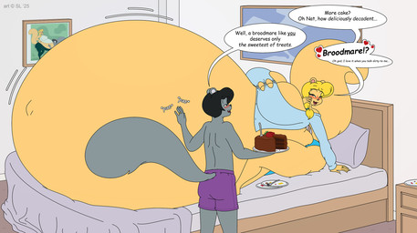anthro bed bedding bedroom_eyes belly big_belly big_breasts black_body black_fur blanket blonde_hair blue_eyes blush bottomwear breasts cake clothing copyright_symbol cutlery dessert digit_ring duo female food fork fruit fur furniture grey_body grey_fur hair heart_symbol huge_belly huge_breasts hyper hyper_belly hyper_pregnancy jewelry kitchen_utensils male narrowed_eyes navel open_mouth outie_navel pillow plant plate pregnant pregnant_anthro pregnant_female ring seductive speech_bubble strawberry symbol text tools topwear wedding_ring satsumalord goldie_(satsumalord) natty_(satsumalord) mammal rodent sciurid tree_squirrel 2025 digital_media_(artwork) english_text hi_res