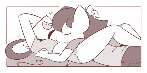 ambiguous_gender anthro blush blush_lines bottomwear breasts clothing cuddling duo eyes_closed fangs female fur hair heart_symbol leg_wrap lying male male/female on_back on_front open_mouth shorts small_breasts smile tail teeth theartmanor chow_(theartmanor) molte canid canine canis mammal mouse murid murine rodent wolf 2026 hi_res monochrome male_(lore)