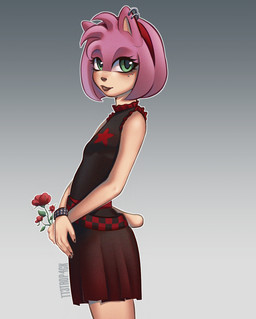 accessory alternate_form alternative_fashion anthro anthrofied bare_shoulders belt black_clothing black_dress bottomwear bracelet clothed clothed_anthro clothed_female clothing colored_nails dress ear_piercing emo eyelashes facial_piercing female flower fully_clothed fully_clothed_anthro fully_clothed_female fur gradient_background green_eyes hair hair_accessory hairband holding_flower holding_object humanoid_hands jewelry lip_piercing looking_at_viewer mouth_closed nails outline piercing pink_body pink_fur pink_hair plant redesign short_hair side_view simple_background sleeveless_clothing sleeveless_dress solo standing star_print tail white_outline tt3trop4ck sega sonic_the_hedgehog_(series) amy_rose eulipotyphlan hedgehog mammal