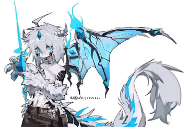 anthro blue_eyes bottomwear clothed clothing fluffy fluffy_tail kemono looking_at_viewer male navel pants simple_background slim solo tail topless white_background white_body wings sdvoit mythology dragon mythological_creature mythological_scalie scalie 2025