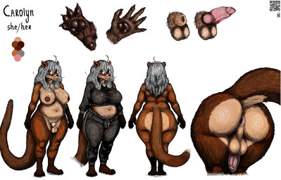 anthro belly big_breasts big_butt breasts butt eyewear genitals glasses grey_hair gynomorph hair intersex knot knotted_penis otter_tail penis slightly_chubby solo wearing_glasses herzogrerih mammal mustelid otter digital_media_(artwork) hi_res model_sheet pixel_(artwork)