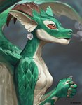 anthro breasts ear_piercing ear_ring featureless_breasts female fingers green_body green_scales jewelry piercing ring_piercing scales simple_background smoke smoke_from_nose solo wings drawain mythology dragon mythological_creature mythological_scalie scalie 2024 digital_media_(artwork) hi_res portrait