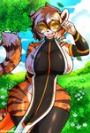 anthro areola armwear big_breasts breasts clothing curvy_figure eyewear female fur glasses holding_eyewear holding_glasses holding_object huge_hips legwear looking_at_viewer multicolored_body multicolored_fur nipple_slip nipples orange_body orange_fur outside smile solo squish thick_thighs thigh_highs thigh_squish wide_hips yumiiefox arknights hypergryph studio_montagne waaifu_(arknights) felid mammal pantherine tiger hi_res