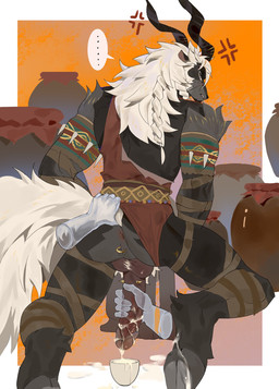 angry anthro anus ball_tuft balls black_body bodily_fluids bottomwear butt clothing cum disembodied_hand genital_fluids genital_piercing genitals ghost_hand hair horn humanoid_genitalia humanoid_penis loincloth looking_at_viewer male male_anthro masturbation penis penis_piercing piercing pubes rear_view solo_focus tail tuft white_hair tangbaow afk_arena afk_journey lilith_games nazrik_(afk_journey) bovid caprine goat mammal markhor 2026 hi_res