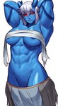 abs areola areola_slip blue_body blue_horn blue_skin bottomwear bottomwear_pull breasts chest_sarashi chest_wraps clothing clothing_pull colored_skin female hair hands_behind_head horn long_hair looking_at_viewer muscular muscular_female navel pecs pecs_with_breasts raised_arms red_eyes simple_background skirt skirt_pull solo undressing white_background white_hair wraps sotcho dungeons_and_dragons hasbro wizards_of_the_coast valkaria_(hilos5000) humanoid tiefling 2022 absurd_res hi_res