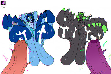 anthro big_penis bodily_fluids bound claws crossed_legs cum cum_on_feet curling_toes digit_ring duo ejaculation feet foot_fetish foreskin genital_fluids genitals group hands_tied humanoid_feet jewelry male muscular muscular_male nude nude_male pawpads penis plantigrade ring throbbing throbbing_penis toe_claws toe_ring toes twunk unretracted_foreskin bacon_sama azura_(aimpunch) zed_burrows mammal procyonid raccoon unknown_species hi_res