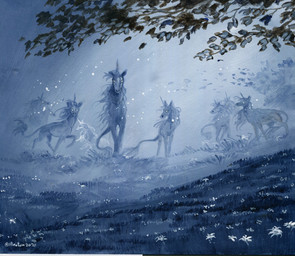 ambiguous_gender blue_body blue_fur blue_hair feral flower fur glowing glowing_eyes grass group hair horn leaf looking_at_viewer outside plant tree white_eyes wind heather_bruton mythology equid equine mammal mythological_creature mythological_equine unicorn 2020