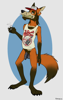 anthro armpit_hair balls beard biped body_hair bottomless cigarette clothed clothing facial_hair fur genitals hair hairy humanoid_genitalia humanoid_penis looking_at_viewer male markings penis redneck sharp_teeth shirt simple_background solo tank_top teeth topwear droptineart swamp_(character) canid canine canis fox mammal 5:8 hi_res