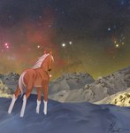 ambiguous_gender cosmic_background feral mountain mountain_range night sky snow solo star starry_background starry_sky hanilimnida maxym_(bloopertrooper) dolehest equid equine horse mammal absurd_res hi_res male_(lore)