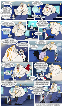 4_fingers accessory anthro black_body black_bottomwear black_clothing black_footwear black_fur black_pants black_shoes black_stripes blue_bottomwear blue_clothing blue_jeans blue_pants bottomwear bulge chair claws clipboard clock clothed clothed_anthro clothed_male clothing computer computer_monitor denim denim_bottomwear denim_clothing dialogue electronics finger_claws fingers folder footwear fully_clothed fully_clothed_anthro fully_clothed_male fuming fur furniture grey_body grey_fur grin group headpat jeans larger_anthro larger_male male mane mouth_agape multicolored_body multicolored_fur necktie office office_chair office_clothing overweight overweight_anthro overweight_male pants profanity red_necktie sharp_teeth shirt shocked shoes size_difference smile speech_bubble stripes teeth text text_box topwear trio watch white_body white_clothing white_dress_shirt white_eyes white_fur white_mane white_shirt white_topwear wristwatch yellow_eyes yellow_stripes nabb-kun smallfryspy nabb_(nabb-kun) peter_(nabb-kun) anteater domestic_cat felid feline felis hybrid lion mammal pantherine pilosan procyonid raccoon xenarthran 2026 comic english_text hi_res multiple_scenes