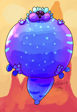 ambiguous_gender antennae_(anatomy) blue_body blue_markings feral floating frill_(anatomy) inflation markings multicolored_body paws pink_background purple_body purple_eyes quadruped simple_background striped_body stripes tail two_tone_body whiskers gyrotech monkeyjelly rain_world videocult yoku_(gyrotech) slugcat hi_res