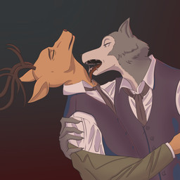 anthro antlers bodily_fluids clothed clothing duo eyes_closed fur grey_body grey_fur holding_partner horn licking male male/male neck_lick necktie open_mouth predator/prey saliva saliva_on_tongue saliva_string simple_background standing teeth tongue tongue_out topwear uniform asteral beastars legoshi_(beastars) louis_(beastars) canid canine canis cervine deer mammal red_deer wolf 1:1 2023 digital_media_(artwork) hi_res