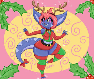 accessory anthro antlers blue_body blush blush_stickers bow_ribbon christmas_clothing christmas_headwear clothing eyelashes female freckled_ears freckled_hips freckled_shoulders freckled_tail freckles furgonomics headgear headwear holidays holly_(plant) horn huge_hips huge_thighs legwear long_eyelashes plant red_nose ribbons small_waist solo stockings tail tail_accessory tail_bow tail_ribbon thick_thighs wide_hips tibbs christmas mythology star_(tibbs) dragon mythological_creature mythological_scalie scalie