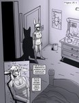 anthro bed bedroom buckteeth clothed clothing comic door dresser female furniture hi_res inside lagomorph leporid lips mammal monochrome notebook pen poster rabbit simple_background solo spanish_text teeth text translated trash_can usuario2_(artist) victoria_violeta_(usuario2) writing_utensil